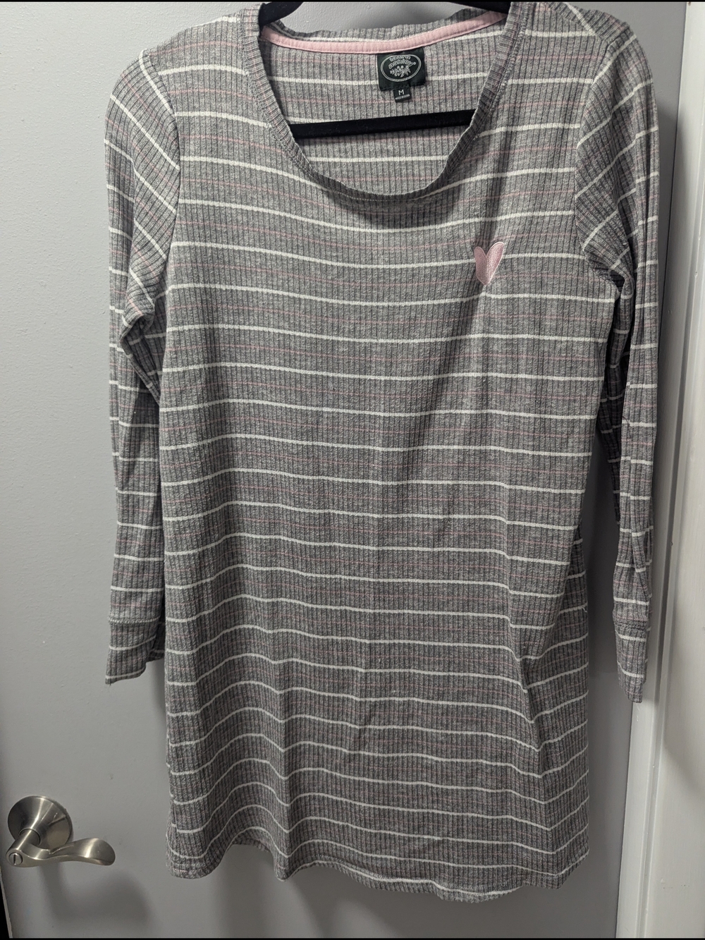 Cozy Gray Striped Long Sleeve Nightshirt with Pink Heart